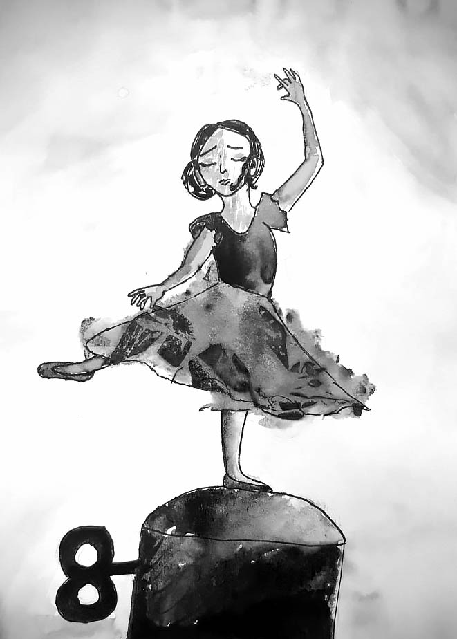 Ballerina dancing on a music box pedestal with a turning key.