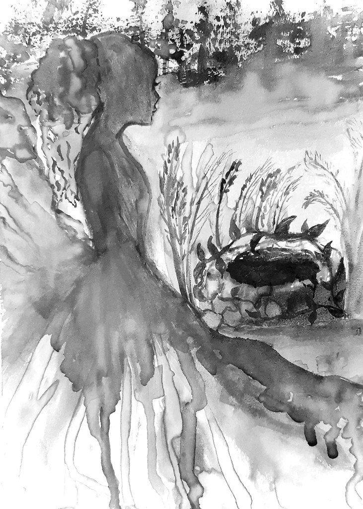 A woman standing in front of a well.