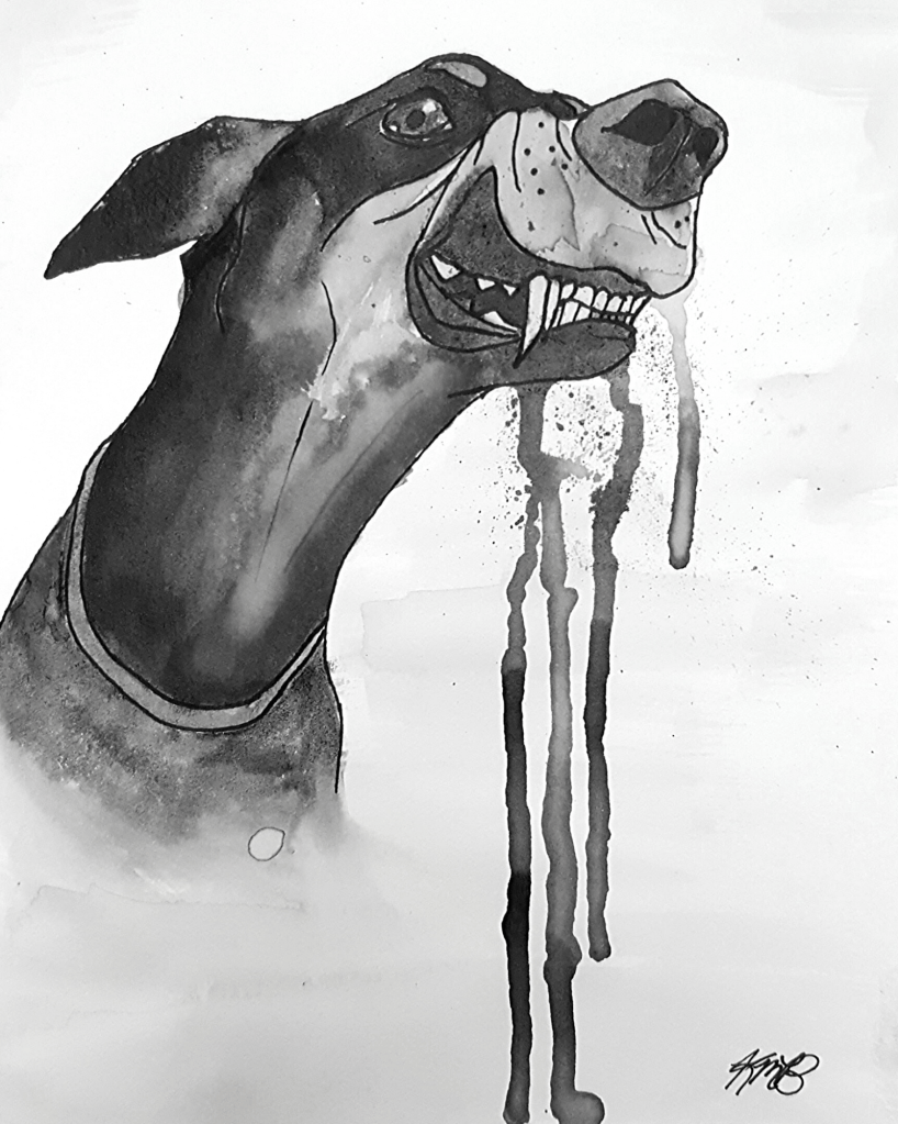A snarling dog with blood oozing from its mouth.
